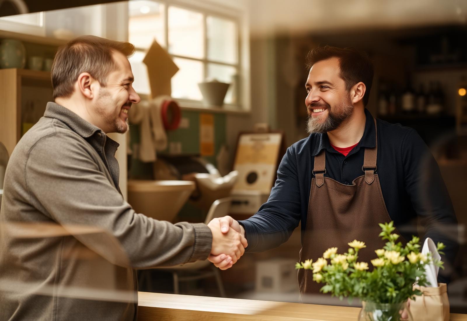Web designer meeting warmly with a local small business owner